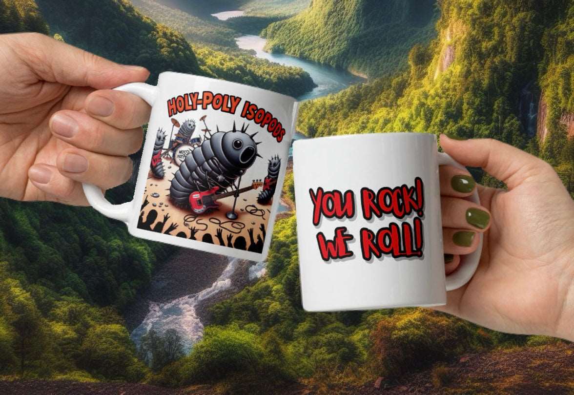 Holy-Poly Isopods exclusive - rolly polly pillbug rocker punk metal rock band ceramic white glossy mug coffee hot tea cup drink for sale spiky spiked