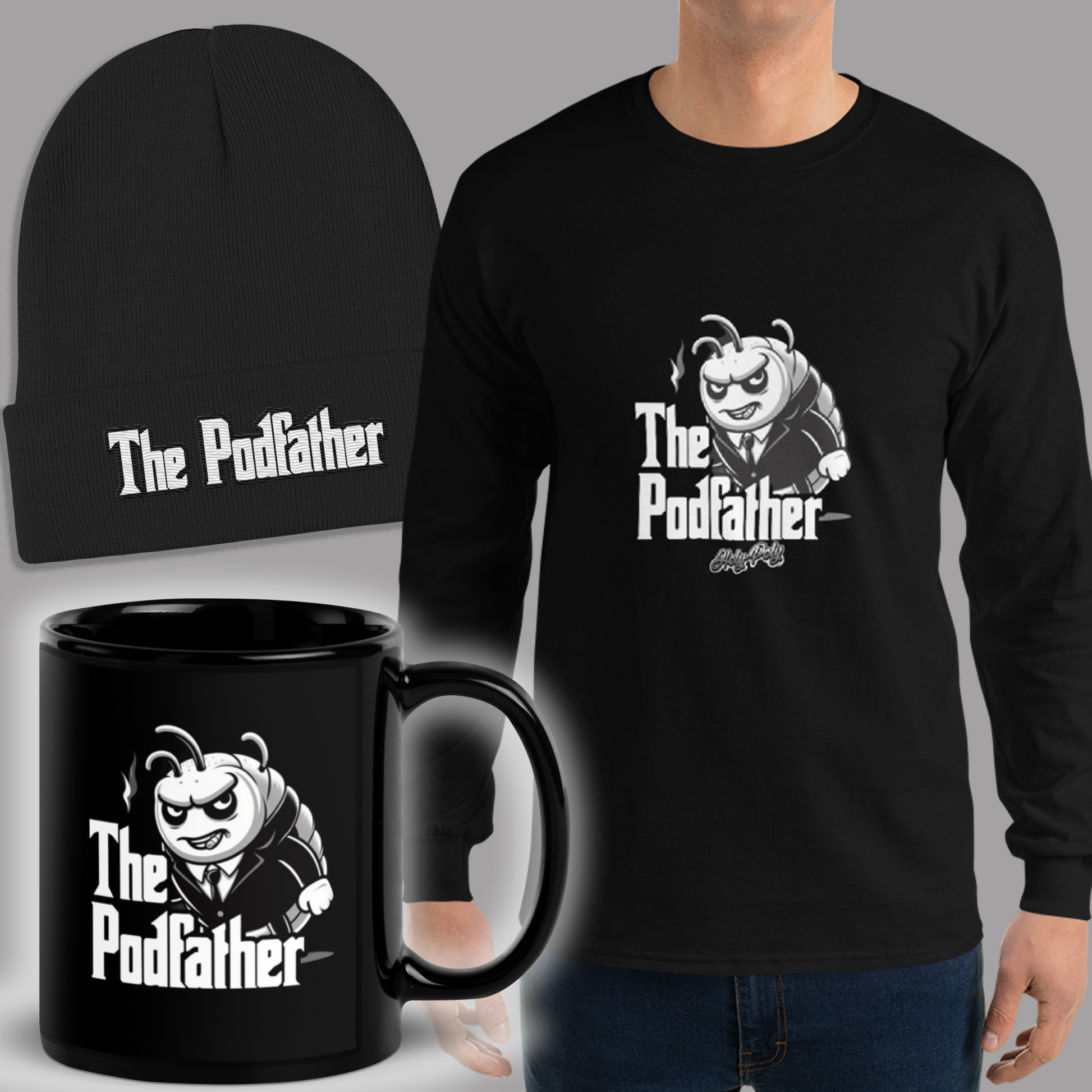 Holy-Poly exclusive: The Podfather Winter Bundle (Discounted ceramic mug, beanie, long sleeve black shirt)