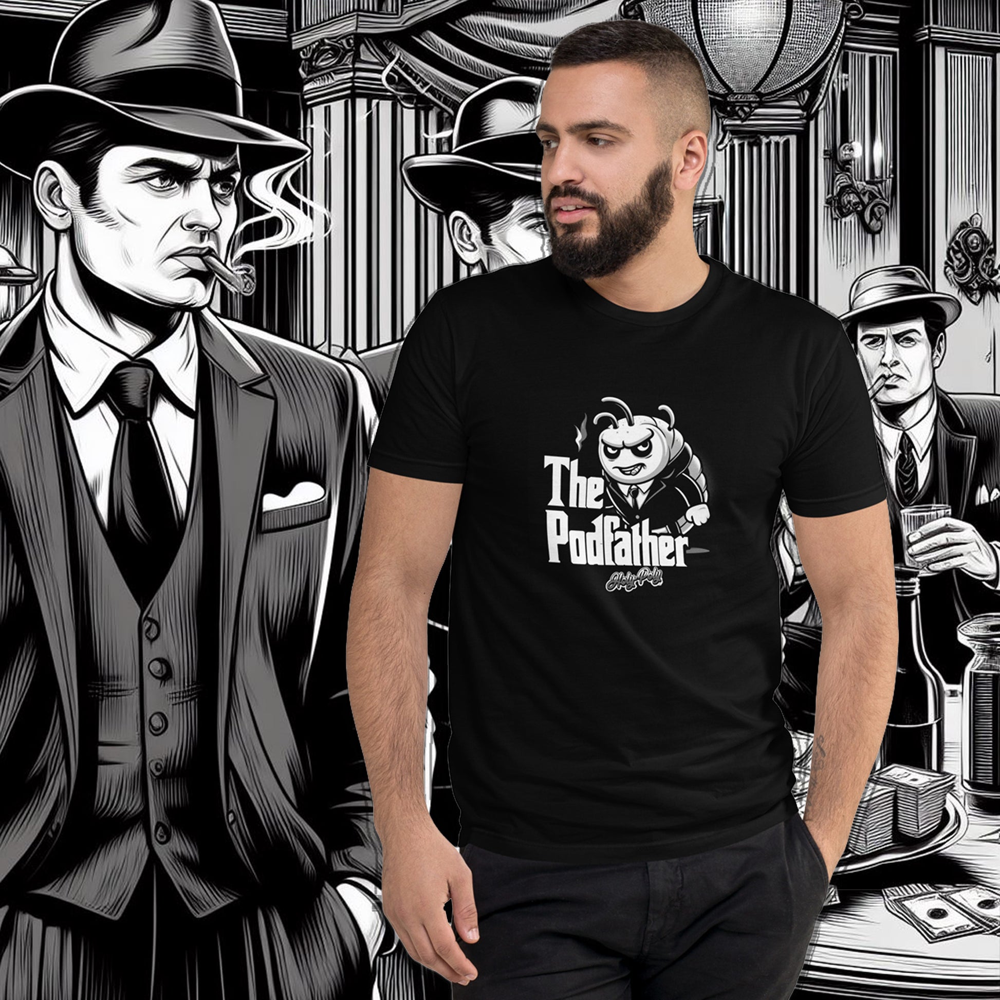Holy-Poly Isopods exclusive men’s tee t-shirt "The Podfather" gangster mobster boss godfather b&w black white funny